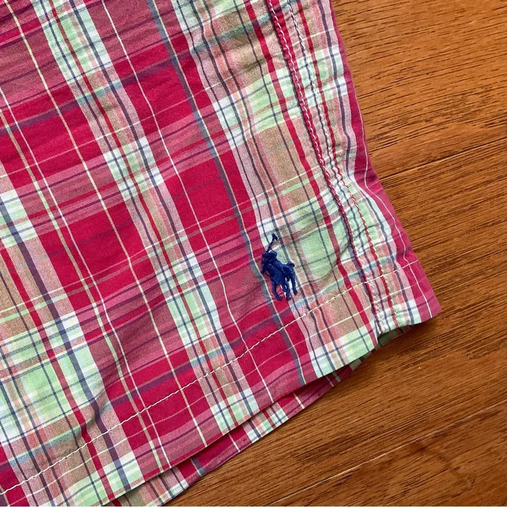Polo Ralph Lauren Red, Lime Green Plaid Kids Swim Trunks Size Med 12/14